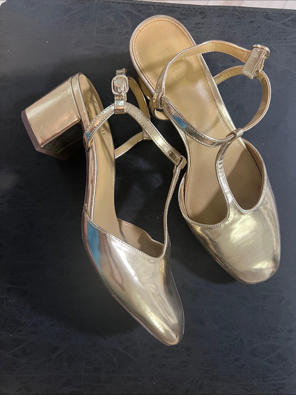 J Crew Metallic Gold Block Heel T-Strap Women's Sandals